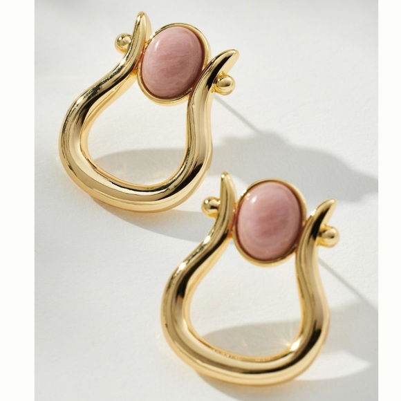 Anthropologie Jewelry - ANTHROPOLOGIE Pink Natural Stone Horseshoe Stud Earrings Gold Plated Greek Lyra